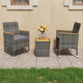 3 részes szürke polyrattan és akácfa bisztrószett