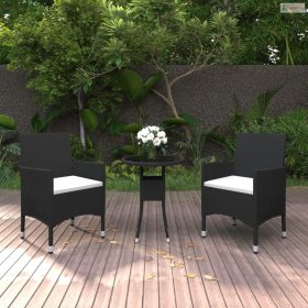   3 részes fekete polyrattan kerti étkezőgarnitúra párnákkal