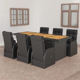   7 részes fekete polyrattan kültéri étkezőszett párnákkal