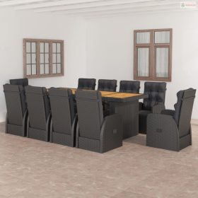   11 részes fekete polyrattan kültéri étkezőszett párnákkal