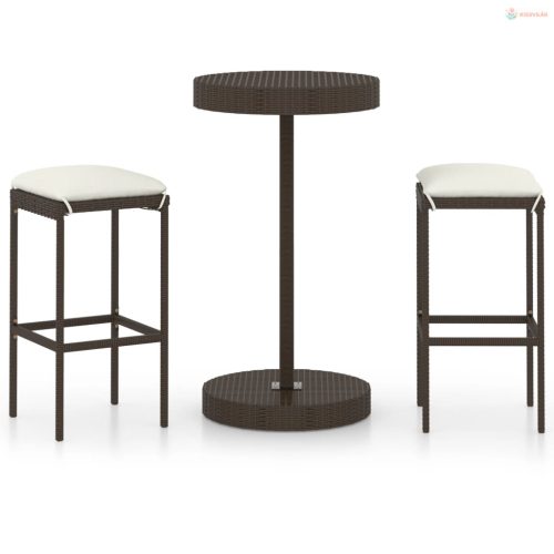 3 részes barna polyrattan kerti bárszett párnákkal