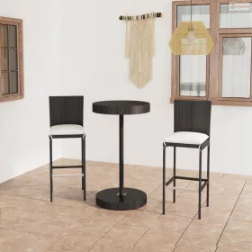 3 részes fekete polyrattan kültéri bárszett párnákkal