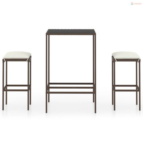 3 részes barna polyrattan kerti bárszett párnákkal