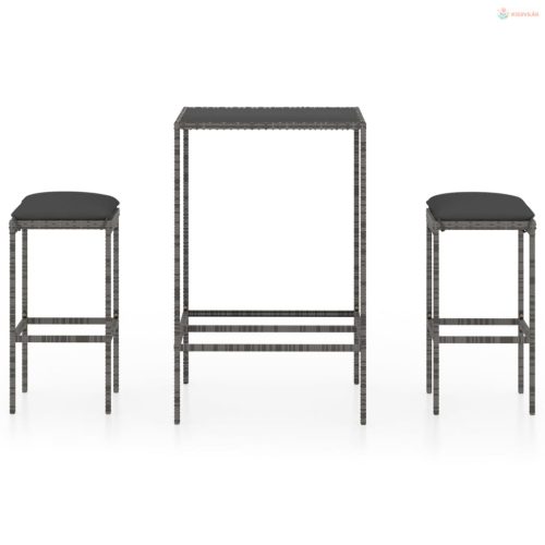 3 részes szürke polyrattan kerti bárszett párnákkal