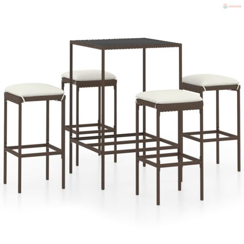 5 darabos barna polyrattan kerti bárszett párnákkal