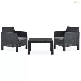   3 részes antracit PP rattan kerti bútorgarnitúra párnákkal