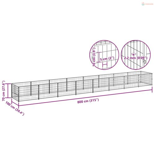 Fekete acél kutyakennel 8 m²