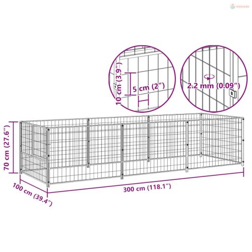 Ezüstszínű acél kutyakennel 3 m²