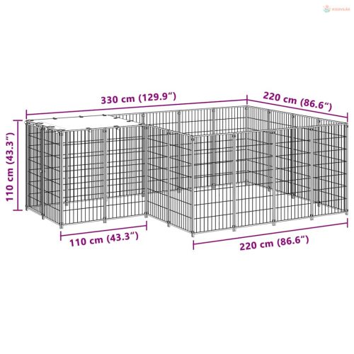 Fekete acél kutyakennel 6,05 m²