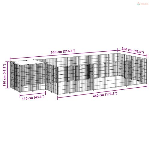 Fekete acél kutyakennel 10,89 m²