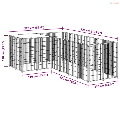 Fekete acél kutyakennel 4,84 m²