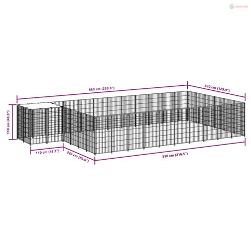 Fekete acél kutyakennel 19,36 m²