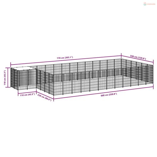 Fekete acél kutyakennel 22,99 m²