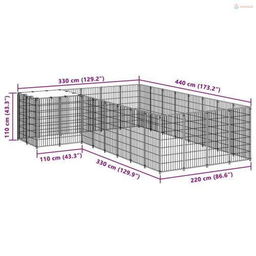 Fekete acél kutyakennel 10,89 m²