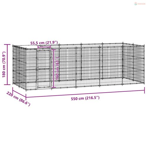 Kültéri horganyozott acél kutyakennel tetővel 12,1 m²
