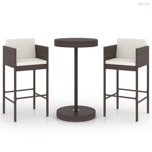 3 részes barna polyrattan kerti bárszett párnákkal