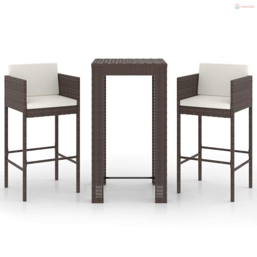 3 részes barna polyrattan kerti bárszett párnákkal