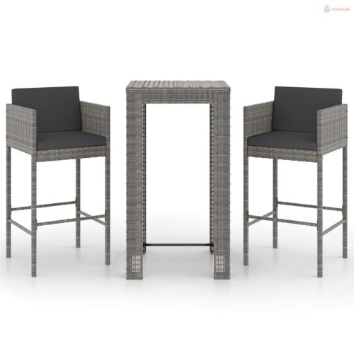 3 részes szürke polyrattan kerti bárszett párnákkal