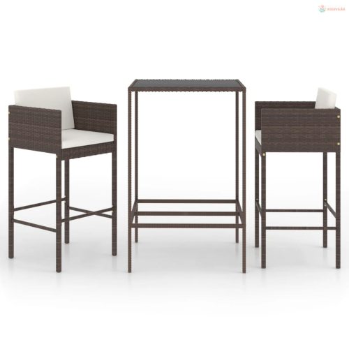 3 részes barna polyrattan kerti bárszett párnákkal