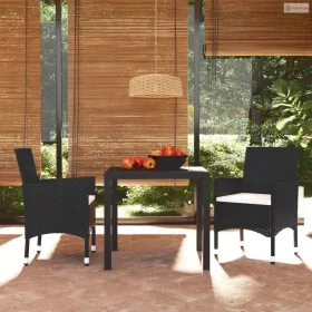   3 részes fekete polyrattan kerti étkezőgarnitúra párnákkal