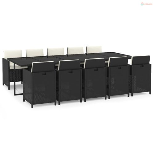 11 részes fekete polyrattan kerti étkezőgarnitúra párnákkal