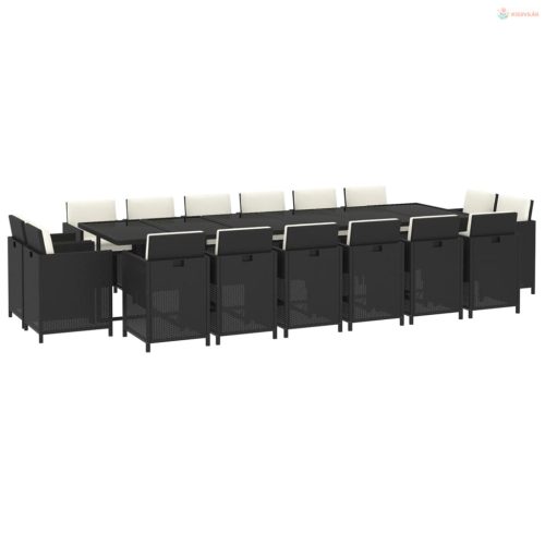 17 részes fekete polyrattan kerti étkezőgarnitúra párnákkal
