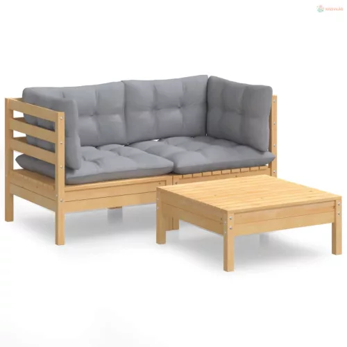 3 részes fenyőfa kerti ülőgarnitúra szürke párnákkal