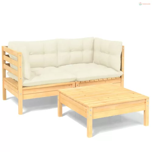 3 részes tömör fenyőfa kerti ülőgarnitúra krémszínű párnákkal
