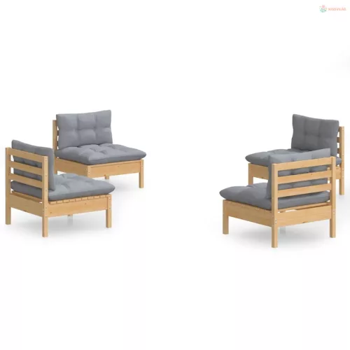 4 részes fenyőfa kerti ülőgarnitúra szürke párnákkal