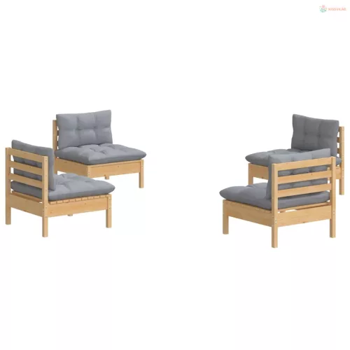 4 részes fenyőfa kerti ülőgarnitúra szürke párnákkal