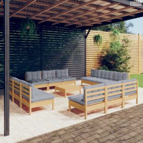   13 részes fenyőfa kerti ülőgarnitúra szürke párnákkal