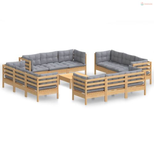 13 részes fenyőfa kerti ülőgarnitúra szürke párnákkal