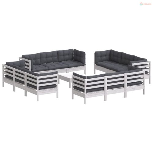 13 részes fenyőfa kerti ülőgarnitúra antracitszürke párnákkal