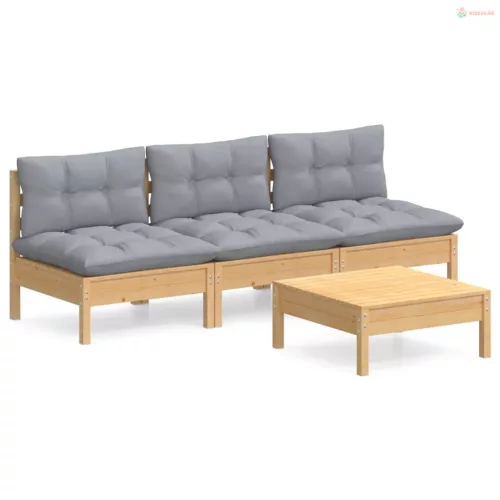 4 részes fenyőfa kerti ülőgarnitúra szürke párnákkal