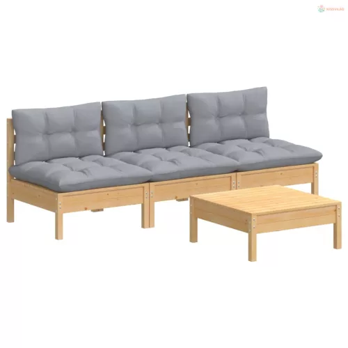 4 részes fenyőfa kerti ülőgarnitúra szürke párnákkal