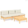 4 részes fenyőfa kerti ülőgarnitúra krémszínű párnákkal