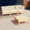 4 részes fenyőfa kerti ülőgarnitúra krémszínű párnákkal