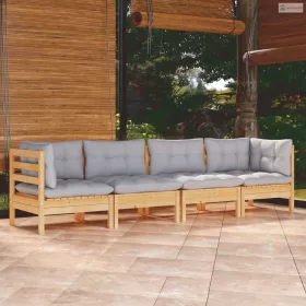   4 részes tömör fenyőfa kerti ülőgarnitúra szürke párnákkal