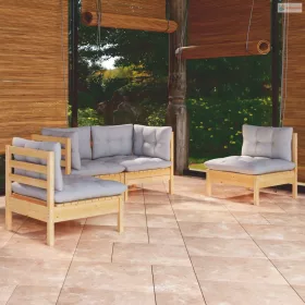   4 részes tömör fenyőfa kerti ülőgarnitúra szürke párnákkal