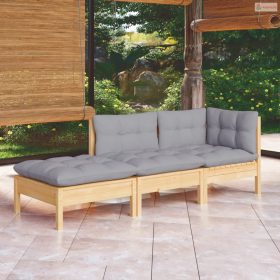   3 részes tömör fenyőfa kerti ülőgarnitúra szürke párnákkal