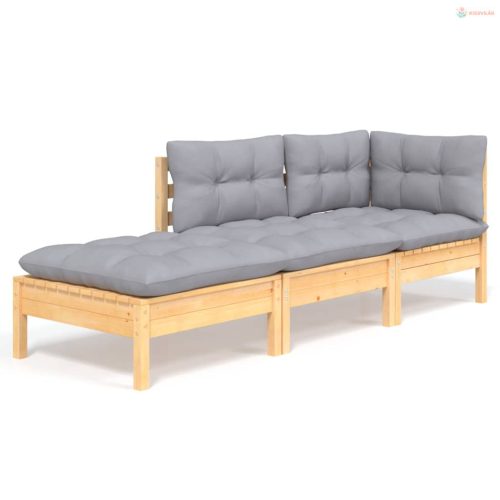 3 részes tömör fenyőfa kerti ülőgarnitúra szürke párnákkal