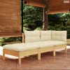 3 részes tömör fenyőfa kerti ülőgarnitúra krémszínű párnákkal
