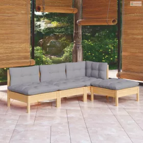 4 részes fenyőfa kerti ülőgarnitúra szürke párnákkal