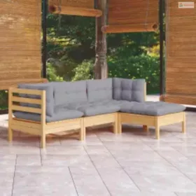 4 részes fenyőfa kerti ülőgarnitúra szürke párnákkal
