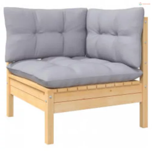 4 részes fenyőfa kerti ülőgarnitúra szürke párnákkal