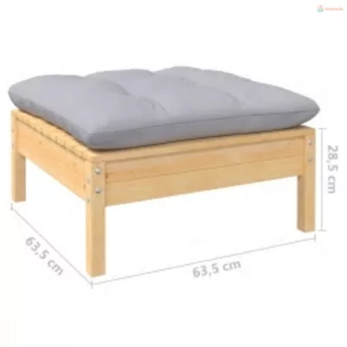 4 részes fenyőfa kerti ülőgarnitúra szürke párnákkal