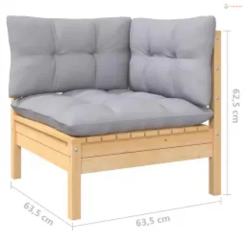 4 részes fenyőfa kerti ülőgarnitúra szürke párnákkal