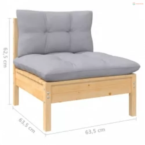 4 részes fenyőfa kerti ülőgarnitúra szürke párnákkal