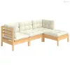 4 részes fenyőfa kerti ülőgarnitúra krémszínű párnákkal