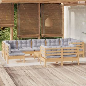   10 részes tömör fenyőfa kerti ülőgarnitúra szürke párnákkal